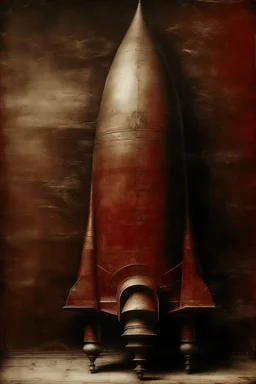 A grayish red galactic rocket ship painted by Leonardo da Vinci