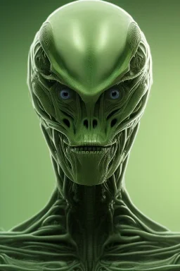 green alien, head, evil, 8k, finely detailed, photo realistic, HR Giger style