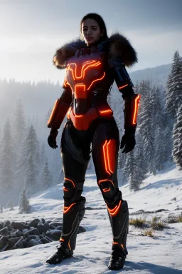 full body portrait of a beautiful girl, wearing glowing orange armor, futuristic armor, relaxed standing posture, nice smile, snowy mountain background, snow, fur cloak, full body, beautiful lighting, warm light, 4k, unreal engine 5