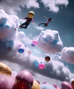 Ultra realistic speed clouds sky scene, wide angle view, strong men falling down with many Childs, circus clothing style, feather color clothing, free jumping flying, many trinkets, hair monster, many jelly beans, balls, color smoke, smile, happy, extreme, wind, clouds sea, 20,000 feet altitude, stratosphere, soft color, highly detailed, unreal engine 5, ray tracing, RTX, lumen lighting, ultra detail, volumetric lighting, 3d, finely drawn, high definition, high resolution.