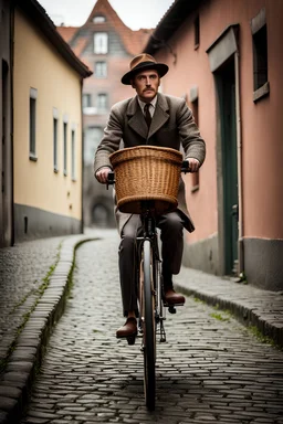 old-fashioned bicycle, wooden tires, large front wheel, small rear wheel. A man on a bicycle, vintage clothing, hat. Background old-fashioned cobblestones and houses in the berlage style Award winning photography illustration dynamic lighting 8k, award winning fantastic view portrait, colourful Nikon850