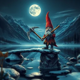 airbrush and pen outline, portrait of a glittering Deep Gnome (Svirfneblin) holding huge pickaxe balancing on frozen bridge pond, huge mountains and moon reflecting on pond, goa psy ambient in the style of vangelis and fsol, source vibrations, bokeh like f/0.8, tilt-shift lens 8k, high detail, smooth render, down-light, unreal engine, prize winning