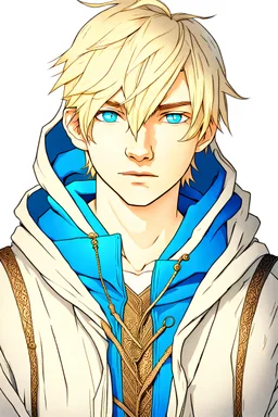 18-year-old boy with dirty blond hair and a hairstyle with blue-colored eyes in a medieval fantasy hoodie