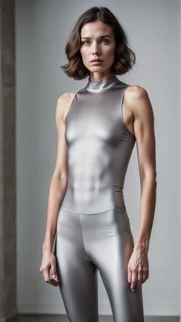 photography of a beautiful anorexic woman, grey satin triathlon top, brunette wavy bob haircut, flat chest, grey satin cycling leggins