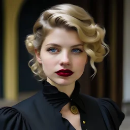 Young lady with short wavy blonde hair and painted lips in black historical clothing