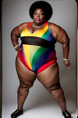 Massively obese black woman with a beard wearing a skin-tight rainbow leotard. Photograph.