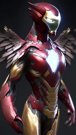 ironman become bird, has two wings, ultra realistic, 4k, ultra detail, full body, full picture