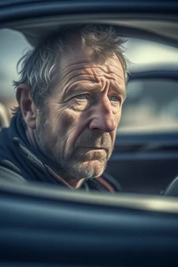 portrait of man stuck in his car after a crash ,shot on Hasselblad h6d-400c, zeiss prime lens, bokeh like f/0.8, tilt-shift lens 8k, high detail, smooth render, down-light, unreal engine, prize winning