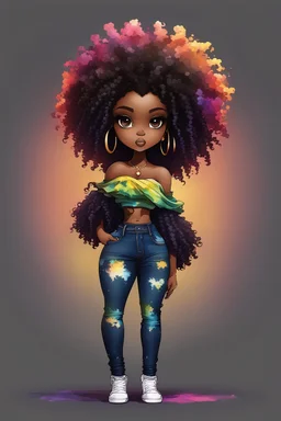 create a colorful abstract silhouette art image 8k of a chibi curvy black female wearing torn jeans pants and a black tie dye off the shoulder blouse. Prominent make up with hazel eyes. Highly detailed long tight curly afro in a hair wrap.