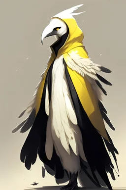yellow to white feathered aarakocra in anime style wearing a long black cloak covering it's entire body and head