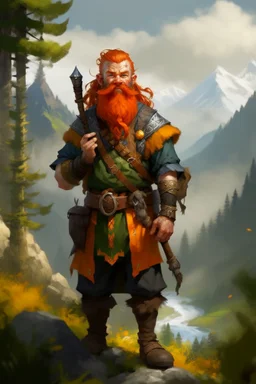 Realistisches Bild von einem DnD Charakters. Männlichen Zwerg mit orangenem Haaren. Er steht im Wald mit Bergen im Hintergrund. Er sieht aus wie ein Jäger und raucht pfeife.