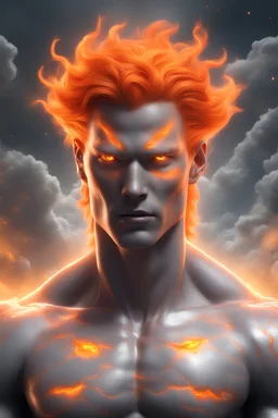 a slim muscular god with galaxy's in his eyes, glowing orange hair that looks like it's made of the sun, a light gray body made of clouds with glowing cracks of orange within it in cloud patterns. realistic 4k