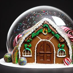 an intricate hobbit-style gingerbread house under a glass dome, rainbow sprinkles, frosting, 8k resolution, centered, high-quality, ultrafine-detail, digital art, flickering light, detailed matte, volumetric lighting, illustration, 3D octane render, brian froud, howard lyon, ben goossens, George Grie, greg rutowski, alphonse mucha