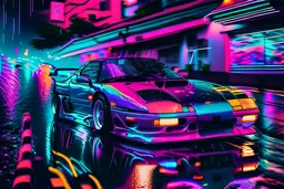 Vaporwave neon psychedelic color photo of a Mitsubishi 3000GT driving through a rainy Japanese street at nighttime with colorful lights, prisms, and reflections