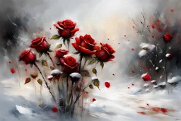 oil painting by Yossi Kotler, red roses in the snow, winter, beautiful scenery