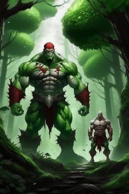 kratos standing of with hulk in a forest