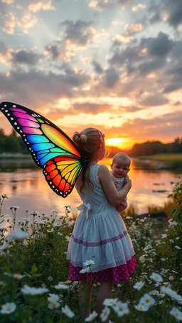 a girl has a butterfly colorful Wings holding a small baby by the river at sunset surrounded by white flowers