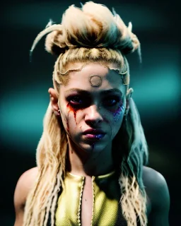 portrait, Shakira, blonde artist, angry, Realistic image, MMA robe, hoodie, mma gloves, fight pose, make-up make-up, gold line make-up, sweat, fog, goddess style, Neon colors, leds. Black background, photo studio, concept art, smooth, unreal engine 5, god lights, ray tracing, RTX, lumen lighting, ultra detail, volumetric lighting, 3d, finely drawn, high definition, 4k.