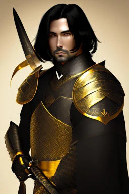 A handsome 30 year old man, black hair, male bob haircut, in black-and-gold plate armor, golden katana in both hands, no beard, european