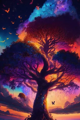 scenic photo of a vibrant Big tree, stretching high above the clouds, its branches adorned with radiant colourful lanterns that lead the way to a hidden realm of celestial vivid spirits. sunset setting, birds and fireflies flying