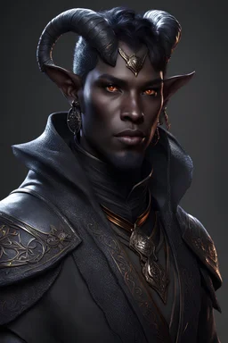 dnd character art of a tiefling warlock. high resolution cgi, 4k, short flush horns, tiny ears, charcoal skin, dark gray complexion, unreal engine 6, high detail, cinematic.