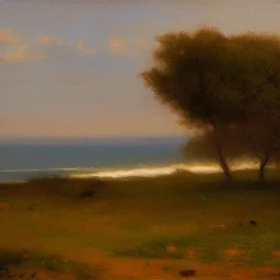 George Inness, painting, trees, ocean, waves, hills, photo realistic, 8k, sunrise