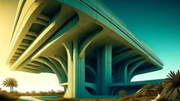 Imagen o ilustración de arquitectura brutalista de un(a) plataforma logística automatizada, con una geometría caracterizada por curvas orgánicas pesadas en concreto fluido. La superficie del edificio presenta concreto estriado con acanaladuras anchas. La escena está ambientada con una iluminación de luz solar dramática de hora dorada con sombras largas, situada en un entorno de entorno costero tropical con palmeras y mar turquesa. En el encuadre se aprecian detalles como pequeños observadores co