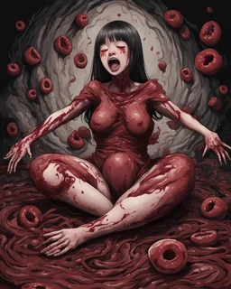 Petit weird woman crushed inside really darkred fleshy stomach filled with digestive juices, sit pose, fullbody, screaming, tears, Junji Ito style, darkred tones,