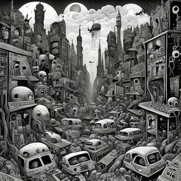 surreal morbid chaotic cityscape, horror surrealism, creepy, artistic, by Basil Wolverton, by Mcbess, maximalism