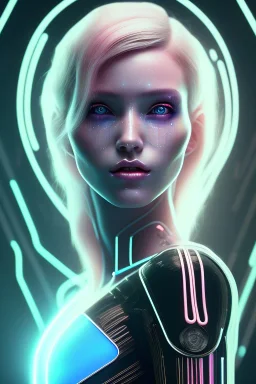 cyberpunk, head, women, portrai, tron sketch of a girl on lined paperA beautiful one nude body of a make up smiling woman blond long hair, alone, high key lighting, volumetric light high details with white stripes and blue eye, smiling with plump pink lips, flowers around, unreal engine petit prince belle fine, profil de trois quart, grand front cosmique, peau bleu cristalline, yeux bleu, perle sur le front long cheveux blond et rose etoilé, cristaux sur le corps, collier de grande princesse, l