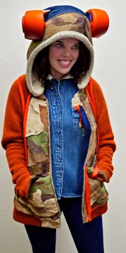 Brunette woman.thick thighs,thick calves,normal bodytype. big head. Mantle is sewed of upcycled Denim and sewed together of camouflage pieces. Colors are orange,red, cream and purple and various denim colors. It is with big bright purple felt tippet and cream-colored-hood. mantle is merged with satchel, ochre. AKG-style headphones (gold rings!) is merged with small felt cap with visor. Style: Haute Couture in 1950's, N.Y.C fashion in 2024, inspired by street art. Cream latex gaiter. Tennis shoes