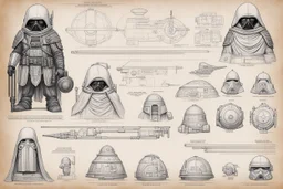 ConceptSheet blueprint [Jawa dwarf by Hans Ruedi Giger]: Star Wars Jawas aligned EDC unpacked equipment for the dunes and trade