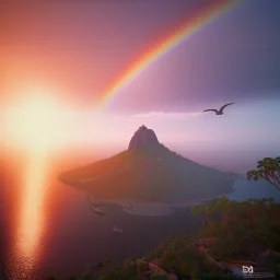 Christ the Redeemer, sunset, rainbow sunset, waterfall, palms, twigs, spring, sunset rainbow, bridge flying birds, unreal engine 5, cinematic lighting, realistic, hyper detailed, 8k, octane render, cinema 4d