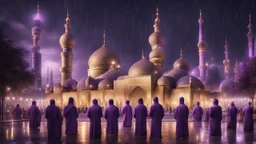 Hyper Realistic Photographic-View of lots of Muslim-Men praying outside a Massively-Huge-Beautifully-Crafted-Purple-&-Golden Mosque with detailed-minarets & Ramadan-Light-Decorations-&-Lamps-&-a-water-fountain at beautiful-dark-rainy-night with dramatic-&-Cinematic-Ambiance