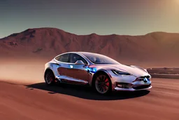 A Tesla 'Model Y' is racing at top speed, in the Mojave Desert. (CINEMATIC, WIDE ANGLE LENS, PHOTO REAL)