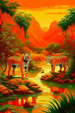 An orange colored jungle with devilish tigers and an acid lake painted by Jeffrey Kolker