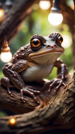 portrait of hairy rock frog living inside a tree house in a hollow huge tree growing light bulbs,bokeh like f/0.8, tilt-shift lens 8k, high detail, smooth render, down-light, unreal engine, prize winning