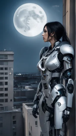 Fantasy Photo Of A Woman With Black Hair, Wearing A robot-looking suit, standing sideways On A Ledge of a building, With A waning moon Behind Her Head