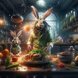 portrait of chopped crazy scientist and army officer irradiating food inside grove with huge fluffy levitating yoga hare with nightmare mutations, 4 k, down-light, soft light, depth of field, photo realism, trending on art station, high detail, spray paint