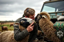 a portrait of a broken head mechanic, kissing a hybrid mixed body part sheep, fixing (far away old land rover 4x4 discovery 2) in the countryside