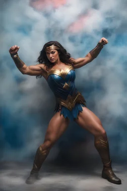 wonder woman extremely huge, overexaggerated muscles, posing and flexing in a front of the camera, random extreme action poses, an extremely colorful, multicolored foggy blue marble wall in the background with a colorful marble tile floor, multicolored lightning, realism engine,