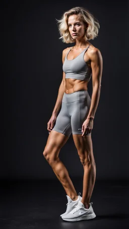 photography of a beautiful anorexic woman, grey satin sports bra, sports illustrated, blond short wavy bob haircut, pronounced sternum, grey running leggins