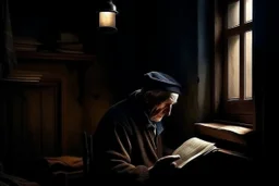 room in dark only light acroos a window, in the interior a old man reading a book