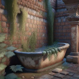 professional photography of an ancient bath,vines on the wall, wet brick walls, unreal engine 5, 8k resolution, photorealistic, ultra detailed