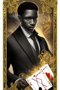 Dashing black man in a suit, holding a deck of cards. There's a young fey dragon with him.