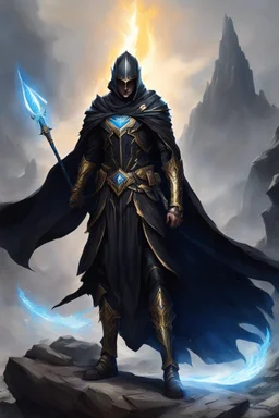 A commander with a black cloak and a long coat with long combat boots and a long spear with his Helmet is golden under his cloak like assasins With a magical power in his hand and a white anklet and boots With blue flame eyes,It has two black wings on its back,Standing on top of a rock