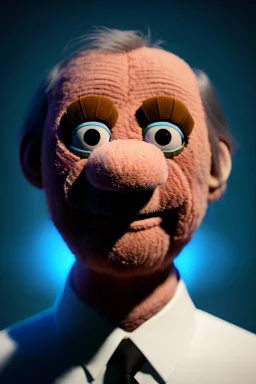 Waist up muppet Portrait, Vladimir Putin as muppet doll, Black suit, photo studio, blue background, unreal engine 5, concept art, art station, god lights, ray tracing, RTX, lumen lighting, ultra detail, volumetric lighting, 3d.