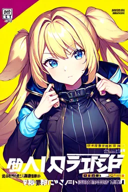 blonde girl with hair with two tails waring jacket, line arts, manga cover