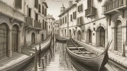 A detailed pencil sketch of a narrow Venetian canal with boats and buildings in the background, dappled lighting creating a dreamy atmosphere, intricate shading adding depth to the scene