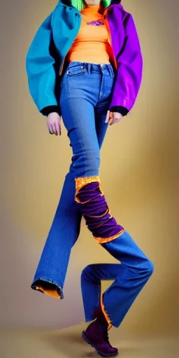 Bright-color-haired woman.fit,slim but thick thighs,thick calves,flat belly,bent fell, thin. Mantle is sewed of upcycled Denim and sewed together of camouflage pieces. Pieces' color are orange, cream and purple. Cream latex gaiters.It is with big bright purple felt tippet and cream-colored-hood. mantle has a hood. Big AKG-style headphones (gold rings!) is merged with small felt cap with small visor. Style: Haute Couture in 1920's, N.Y.C fashion in 1996, inspired by street art.